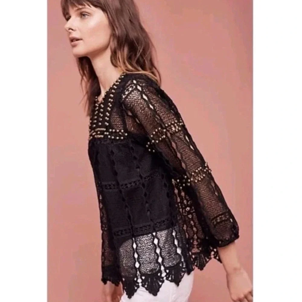 Anthropologie Maeve Top Size XS Auralis‎ Black Lace Eyelet Studded Beaded Sheer